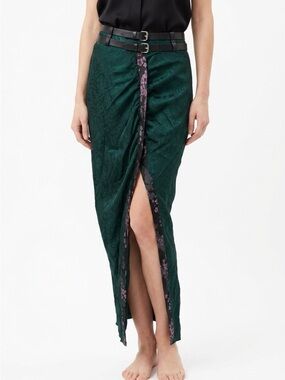2192 - Emerald Green Jacquard Wrap Skirt with Pink Trim